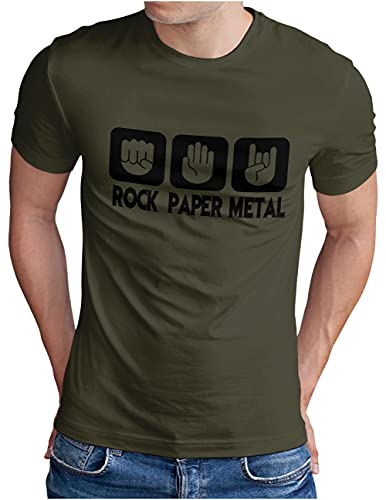 OM3® Rock Paper Metal T-Shirt | Herren | Stein Papier Schere Metalhand | Oliv-SW, XL von OM3