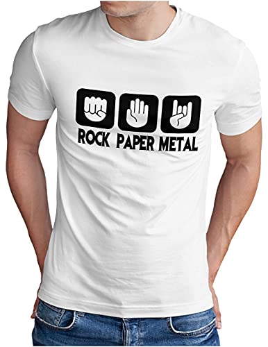 OM3® Rock Paper Metal T-Shirt | Herren | Stein Papier Schere Metalhand | Weiß, L von OM3