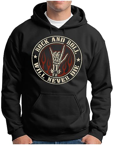 OM3® Rock and Roll Musik Hoodie | Herren | Vintage Devil Horns Metal Rockmusik Badge | Kapuzen-Pullover Schwarz, L von OM3