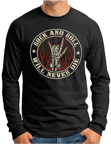 OM3® Rock and Roll Musik Langarm Shirt | Herren | Vintage Devil Horns Metal Rockmusik Badge | Schwarz, XL von OM3