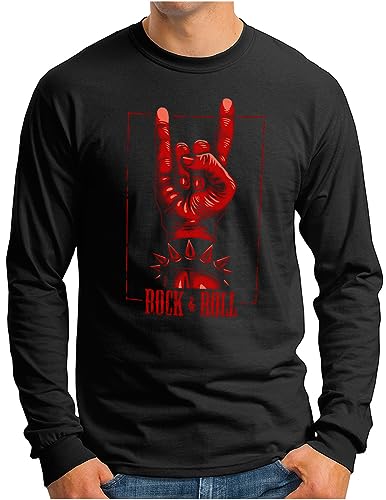 OM3® Rock and Roll Musik Langarm Shirt | Herren | Vintage 666 Red Devil Horns Teufelsgruß Rocker | Schwarz, 3XL von OM3