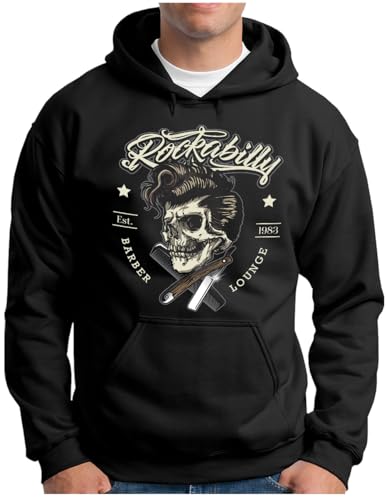 OM3® Rockabilly Greaser Skull Hoodie | Herren | Barber Shop RocknRoll Fifties | Kapuzen-Pullover Schwarz, 5XL von OM3