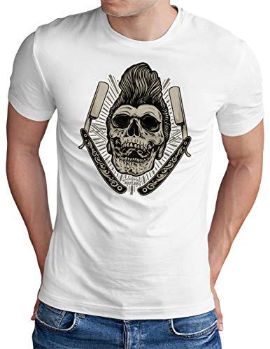 OM3® Rockabilly-Skull T-Shirt | Herren | Old School Greaser Razor Blades | Weiß, M von OM3