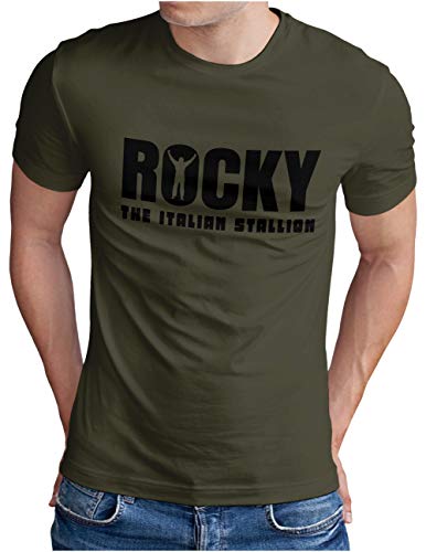 OM3® Rocky Balboa T-Shirt | Herren | The Italian Stallion 70s 80s Kult Boxing Movie | Oliv-SW, XL von OM3