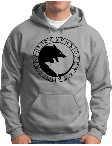OM3® Runen-Yin-Yang-Wölfe Hoodie - Herren - Vikings Odin's Wolves Wikinger Symbol Geri und Freki Warrior - Kapuzen-Pullover Grau Meliert, M von OM3