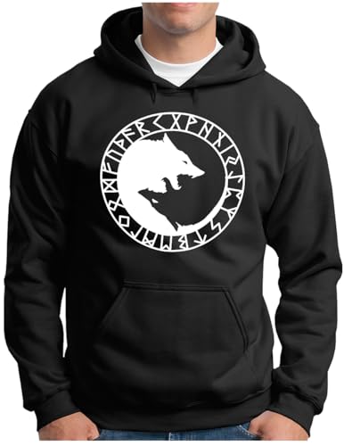 OM3® Runen-Yin-Yang-Wölfe Hoodie - Herren - Vikings Odin's Wolves Wikinger Symbol Geri und Freki Warrior - Kapuzen-Pullover Schwarz, L von OM3