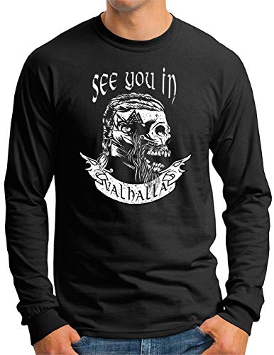 OM3® See You in Valhalla Skull Langarm Shirt - Herren - Runen Vikings Wikinger Nordic Warrior - Schwarz, 4XL von OM3