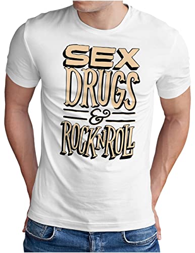 OM3® Sex Drugs &- Rock n Roll T-Shirt | Herren | Party Musik Festival | Weiß, 3XL von OM3