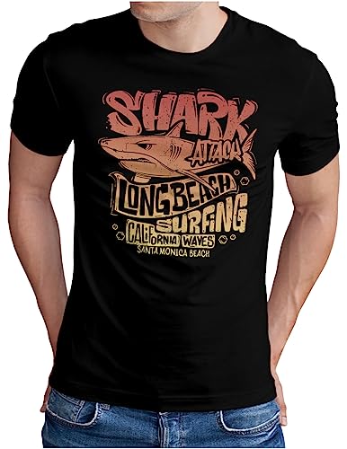 OM3® Shark Cali Surfing California T-Shirt | Herren | Beach Surfer Logo Sunshine State USA Haifisch Hai | Schwarz, 3XL von OM3