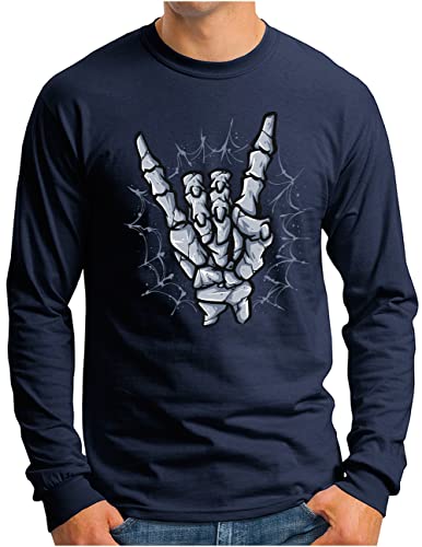 OM3® Skeleton Heavy Metal Hand Langarm Shirt - Herren - Metalhand Knochen Devils Horn Hardrock Music - Navy, XL von OM3