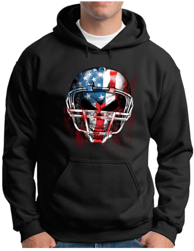 OM3® Skull-Head-Player Hoodie | Herren | American Football U.S.A. Flagge | Kapuzen-Pullover Schwarz, 4XL von OM3