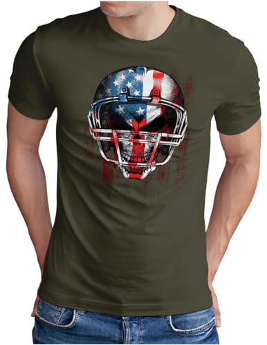 OM3® Skull-Head-Player T-Shirt | Herren | American Football U.S.A. Flagge | Oliv, 3XL von OM3