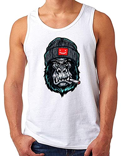 OM3® Smoking-Gorilla-Ape Tank Top Shirt | Herren | Monkey Beanie Fun | Weiß, 3XL von OM3