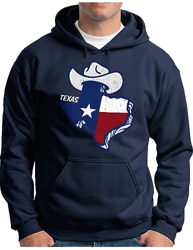 OM3® State of Texas Hoodie | Herren | USA Vintage Cowboy Hut Vereinigte Staaten III | Kapuzen-Pullover Navy, XL von OM3