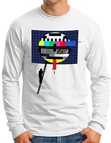 OM3® Testbild-Painter Langarm Shirt - Herren - Retro TV Sendeschluß Analoger Fernseher - Weiß, L von OM3