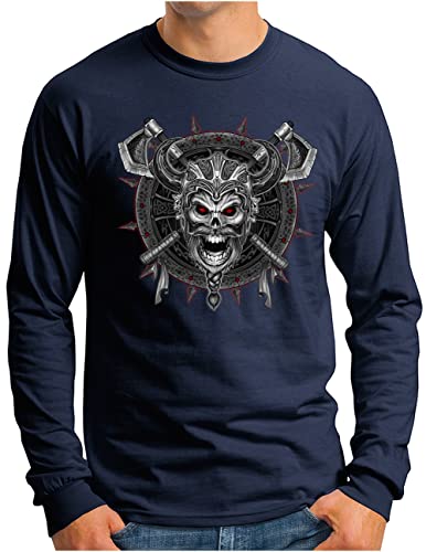 OM3® Totenkopf Wikinger Langarm Shirt | Herren | Krieger Vikings Odin Nordic Warrior | Navy, XL von OM3