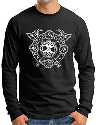 OM3® Tree of Life Langarm Shirt - Herren - Lebensbaum Wikinger Symbole Runen Yggdrasil - Schwarz, 4XL von OM3