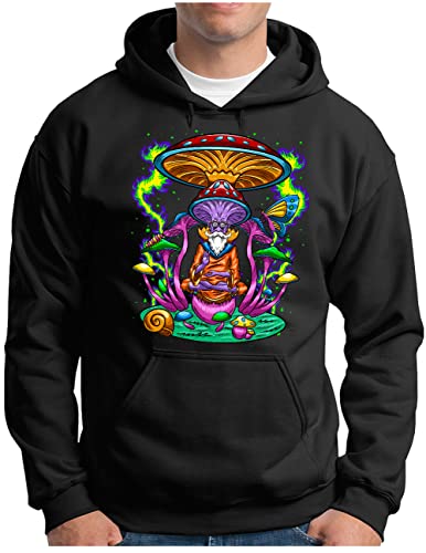 OM3® Trippy Meditation Hoodie - Herren - Magic Mushrooms Psychedelic Party Shrooms Psytrance Goa - Kapuzen-Pullover Schwarz, 4XL von OM3