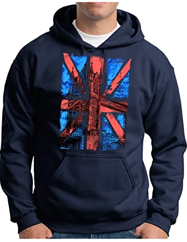 OM3® Union Jack Hoodie | Herren | Tower Bridge Great Britain GB UK | Kapuzen-Pullover Navy, 3XL von OM3