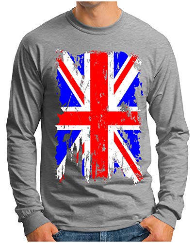 OM3® - Union-Jack-Vintage - Langarm T-Shirt | Herren | England Great Britain Vintage Flag | Grau Meliert, XL von OM3
