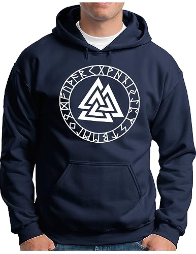 OM3® Valknut-Vikings-Symbol Hoodie | Herren | Wotansknoten Runen Wikinger Logo Walhalla Warrior | Kapuzen-Pullover Navy, 4XL von OM3