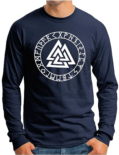 OM3® Valknut-Vikings-Symbol Langarm Shirt - Herren - Wotansknoten Runen Wikinger Logo Walhalla Warrior - Navy, M von OM3