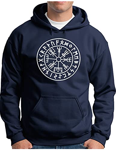 OM3® Vegvisir-Viking-Compass Hoodie - Herren - Odin Runen Wikinger Magic Symbol Nordic Warrior - Kapuzen-Pullover Navy, L von OM3