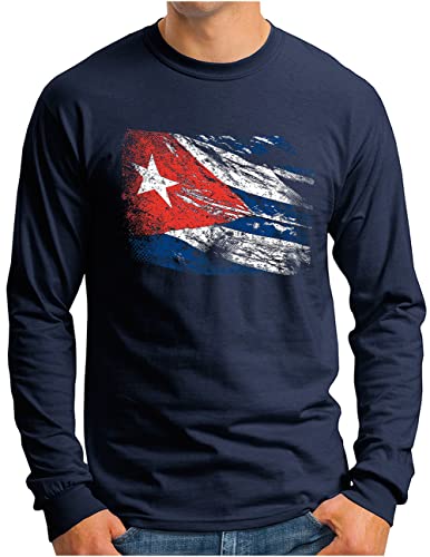 OM3® Vintage Flag Cuba Langarm Shirt | Herren | Havana Karibik Kuba Flagge | Navy, XL von OM3