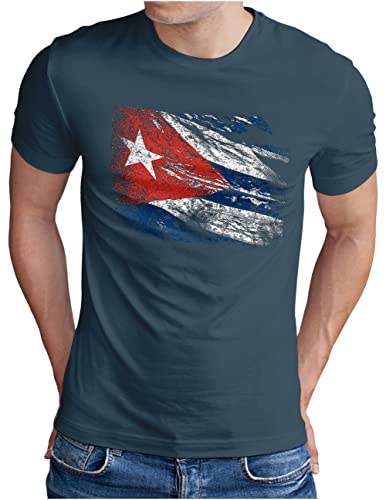 OM3® Vintage Flag Cuba T-Shirt - Herren - Havana Karibik Kuba Flagge - Denim, M von OM3