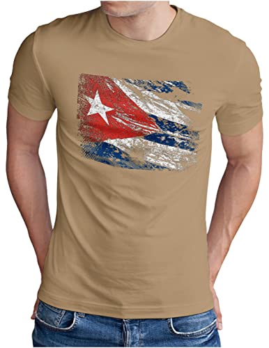 OM3® Vintage Flag Cuba T-Shirt | Herren | Havana Karibik Kuba Flagge | Khaki, 3XL von OM3