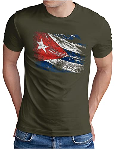 OM3® Vintage Flag Cuba T-Shirt | Herren | Havana Karibik Kuba Flagge | Oliv, M von OM3