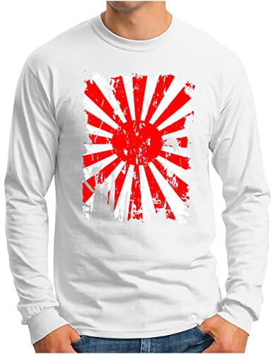 OM3® Vintage Kyokujitsuki Langarm Shirt | Herren | Japanische Kriegsflagge Rising Sun Flag Japan | Weiß, L von OM3