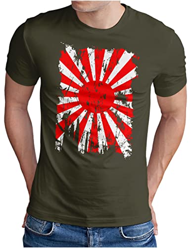 OM3® Vintage Kyokujitsuki T-Shirt | Herren | Japanische Kriegsflagge Rising Sun Flag Japan | Oliv, 3XL von OM3