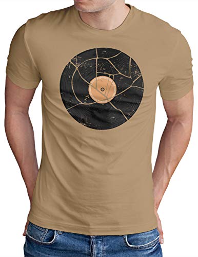 OM3® Vinyl Record Disc LP T-Shirt | Herren | Classic Retro Audio DJ Music | Khaki, 3XL von OM3