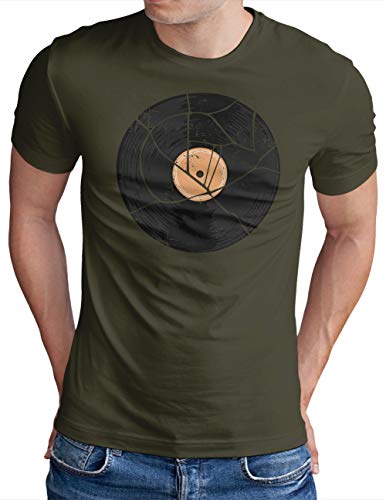 OM3® Vinyl Record Disc LP T-Shirt | Herren | Classic Retro Audio DJ Music | Oliv, M von OM3