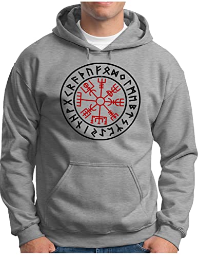 OM3® Walhalla Kompass Vegvisir Hoodie - Herren - Odin Runen Wikinger Runic Magic Compass - Kapuzen-Pullover Grau Meliert, 5XL von OM3