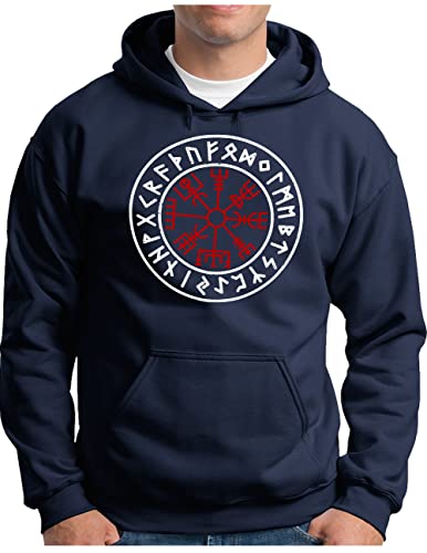 OM3® Walhalla Kompass Vegvisir Hoodie - Herren - Odin Runen Wikinger Runic Magic Compass - Kapuzen-Pullover Navy, L von OM3