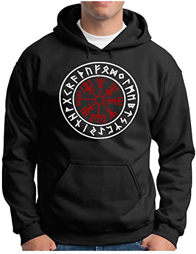 OM3® Walhalla Kompass Vegvisir Hoodie | Herren | Odin Runen Wikinger Runic Magic Compass | Kapuzen-Pullover Schwarz, 4XL von OM3