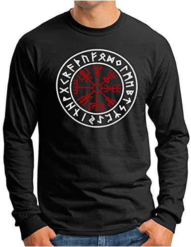 OM3® Walhalla Kompass Vegvisir Langarm Shirt - Herren - Odin Runen Wikinger Runic Magic Compass - Schwarz, 4XL von OM3