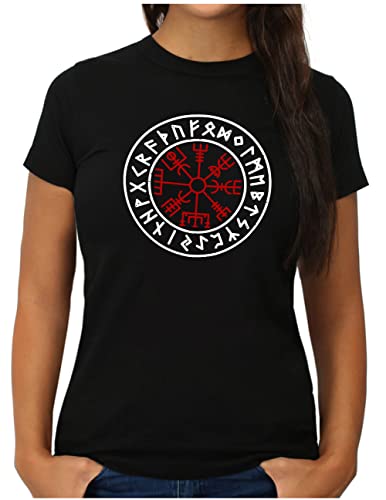 OM3® Walhalla Kompass Vegvisir T-Shirt - Damen - Odin Runen Wikinger Runic Magic Compass - L, Schwarz von OM3