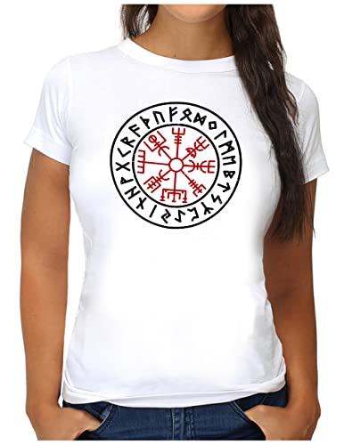 OM3® Walhalla Kompass Vegvisir T-Shirt - Damen - Odin Runen Wikinger Runic Magic Compass - M, Weiß von OM3