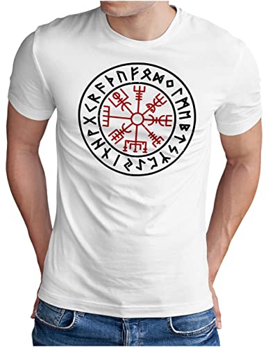 OM3® Walhalla Kompass Vegvisir T-Shirt | Herren | Odin Runen Wikinger Runic Magic Compass | Weiß, 4XL von OM3