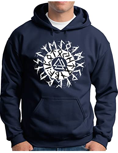 OM3® Walhalla Valknut Hoodie | Herren | Odin Runen Wotansknoten Wikinger Symbol Berseker | Kapuzen-Pullover Navy, 3XL von OM3