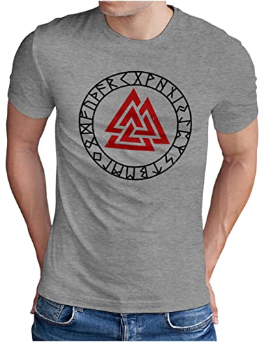 OM3® Walhalla Valknut T-Shirt - Herren - Odin Runen Wotansknoten Wikinger Symbol Nordic Warrior - Grau Meliert, L von OM3