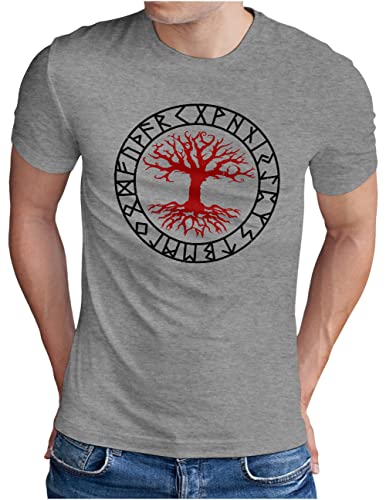 OM3® Walhalla Yggdrasil T-Shirt - Herren - Odin Runen Tree of Life Wikinger Symbol Nordic Warrior - Grau Meliert, 5XL von OM3