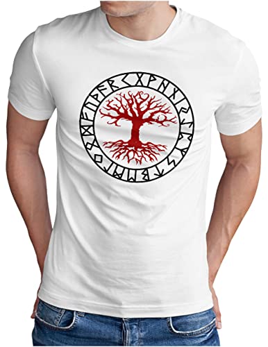 OM3® Walhalla Yggdrasil T-Shirt | Herren | Odin Runen Tree of Life Wikinger Symbol Nordic Warrior | Weiß, 3XL von OM3