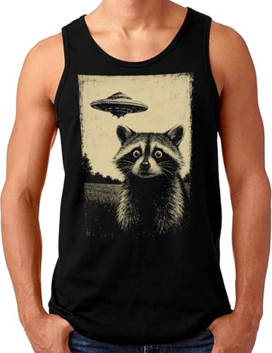OM3® Waschbär Raccoon UFO Tank Top Shirt mit Spruch - Herren - Retro Sci-Fi Alien Invasion - Schwarz, 3XL von OM3