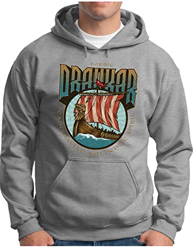 OM3® Wikinger Drakkar Hoodie - Herren - Viking Runen Walhalla Drachenboot Wikingerboot - Kapuzen-Pullover Grau Meliert, M von OM3