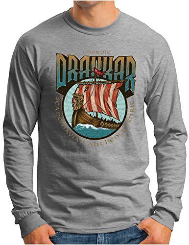OM3® Wikinger Drakkar Langarm Shirt - Herren - Viking Runen Walhalla Drachenboot Wikingerboot - Grau Meliert, XXL von OM3