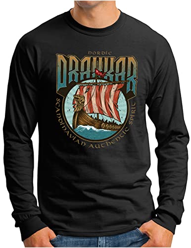 OM3® Wikinger Drakkar Langarm Shirt - Herren - Viking Runen Walhalla Drachenboot Wikingerboot - Schwarz, XL von OM3